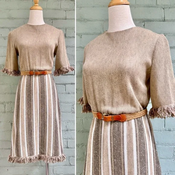 Vintage Woven Beige Striped Knit Midi Dress with Fringe - Picture 8 of 9